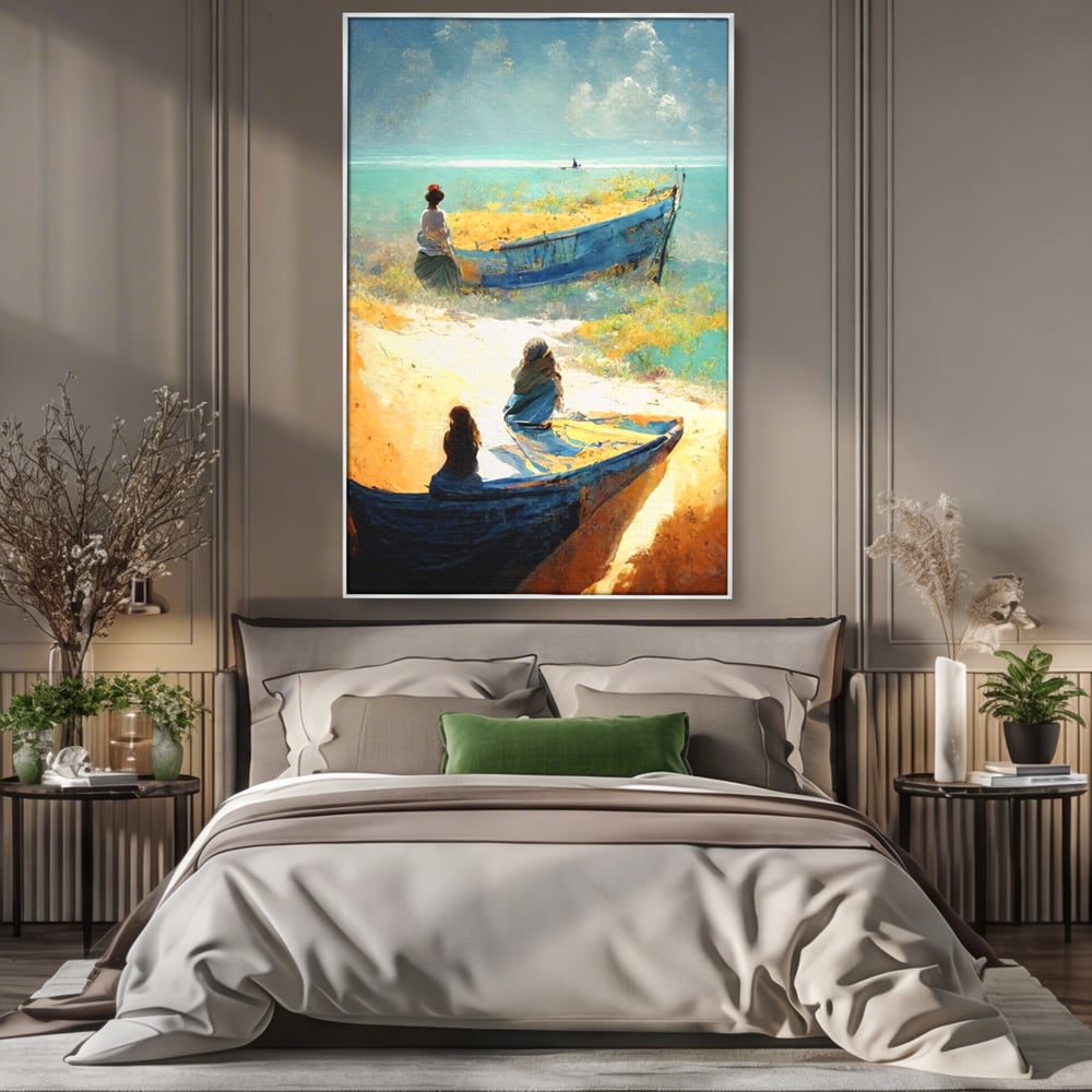 Tablou canvas cu tablou canvas cu femei pe plaja si barci, in rama de aluminiu argintiu, pe perete intr-un dormitor